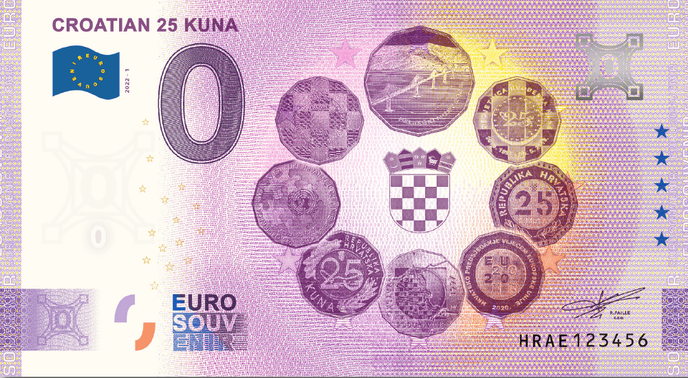 €0 Euro Souvenir banknote marking Croatian 25 kuna commemorative coins