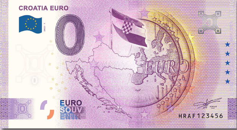 €0 Euro Souvenir banknote marking Croatia in the euro area