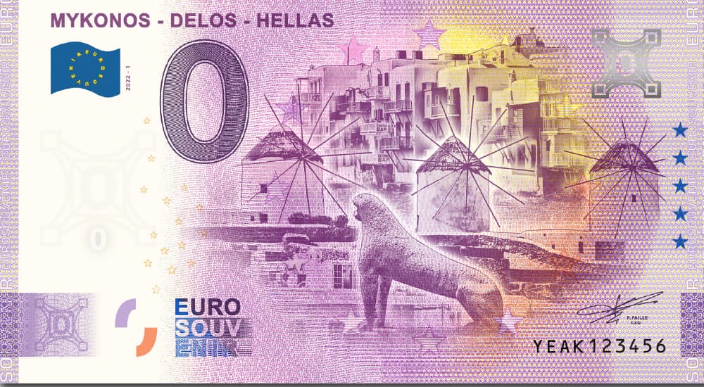 €0 Euro Souvenir banknote for Mykonos and Delos, Greece