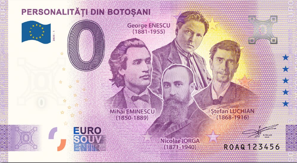 €0 Euro Souvenir banknote for personalities of Botoșani, Romania