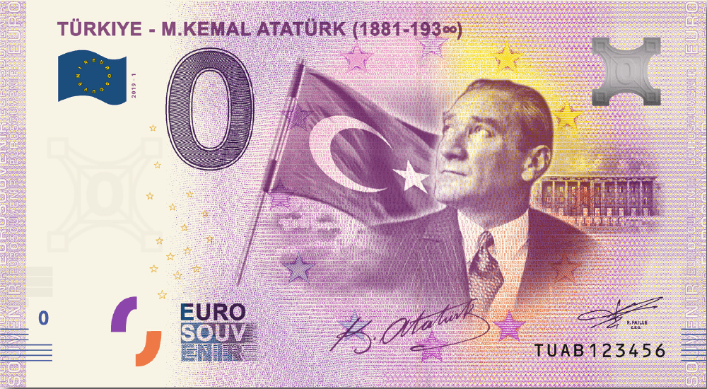 €0 Euro Souvenir banknote featuring Mustafa Kemal Atatürk