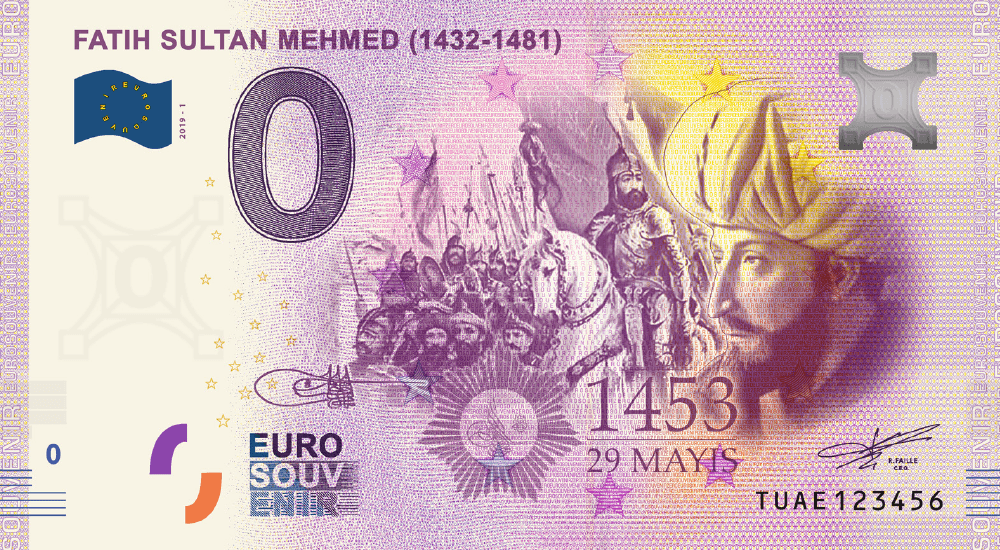 €0 Euro Souvenir banknote featuring Fatih Sultan Mehmed