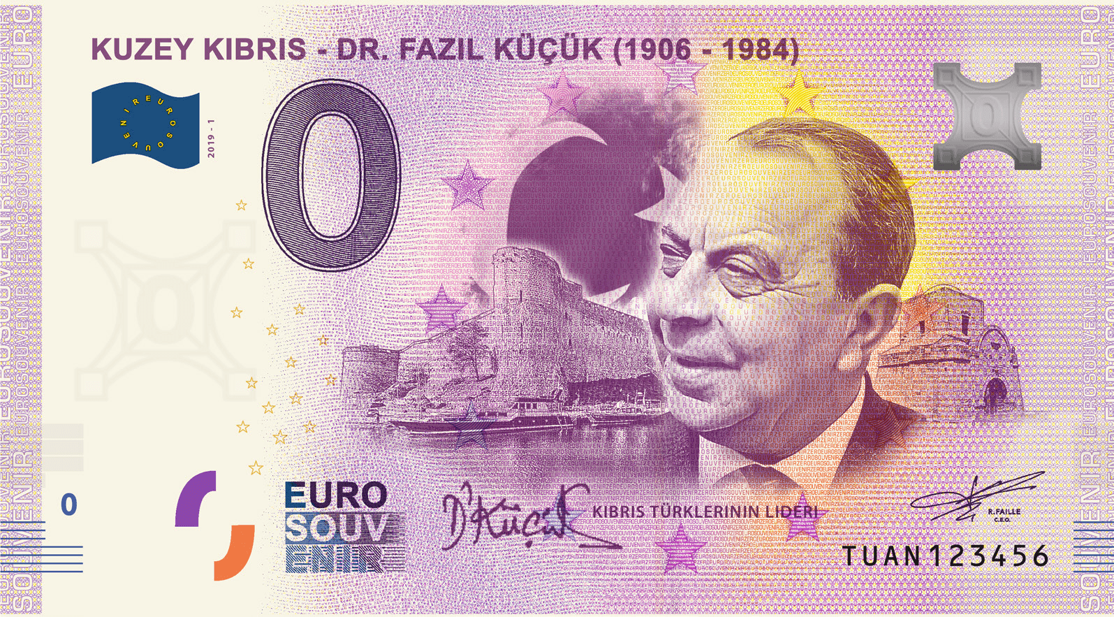 €0 Euro Souvenir banknote featuring Dr. Fazıl Küçük, Northern Cyprus